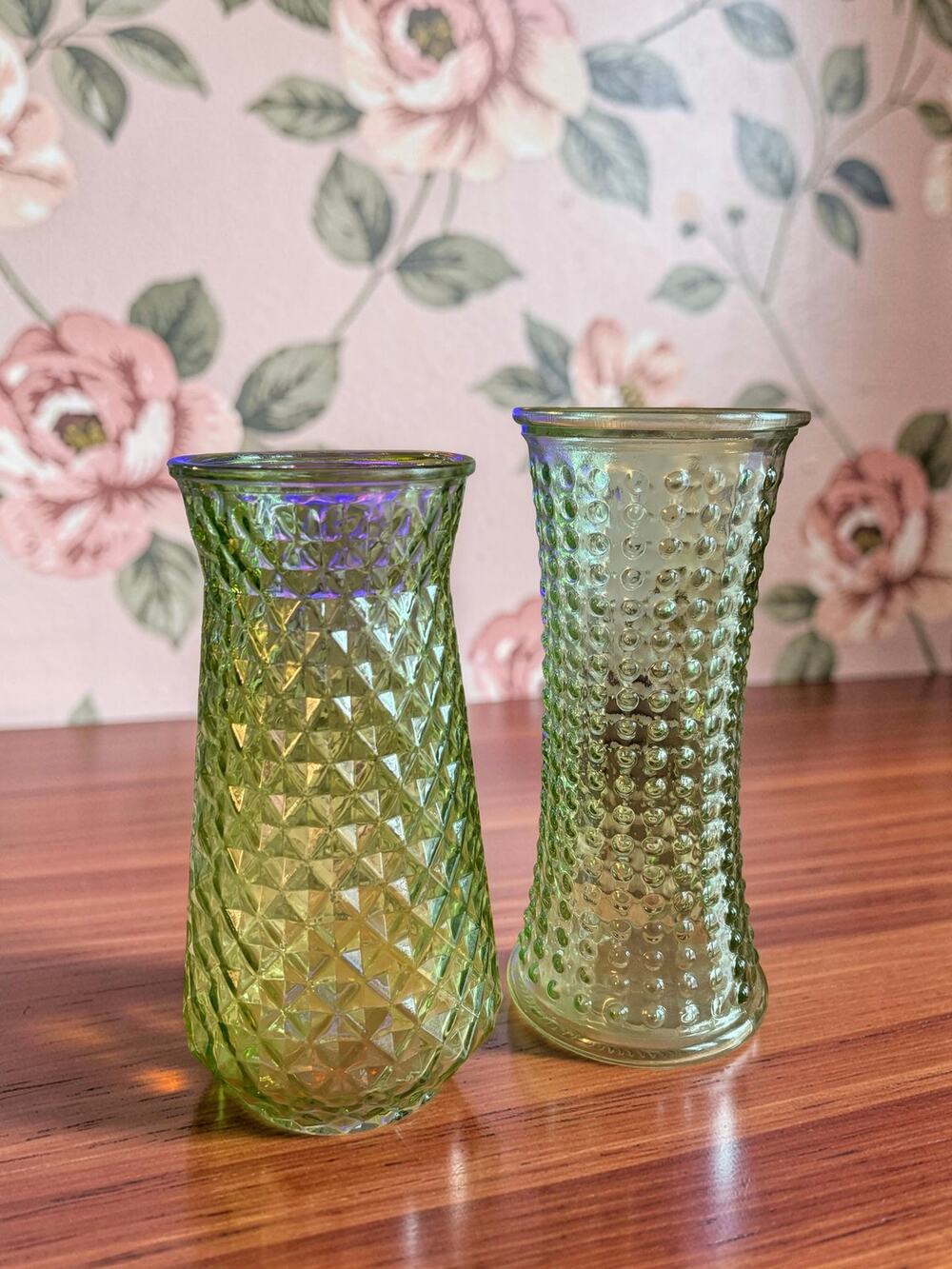 Vintage DPS Green Glass Vases Set of 2 Paula Hobnail MCM 1960s Textured 9-10"